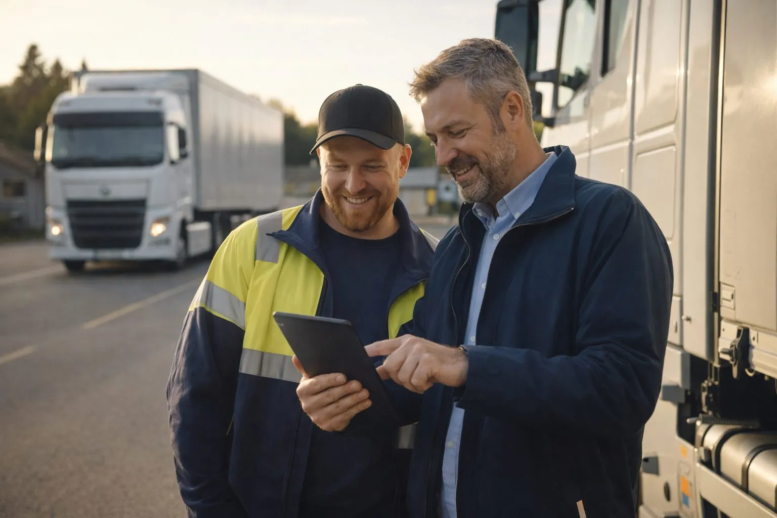 Fahrer und Disponent mit Tablet vor LKW