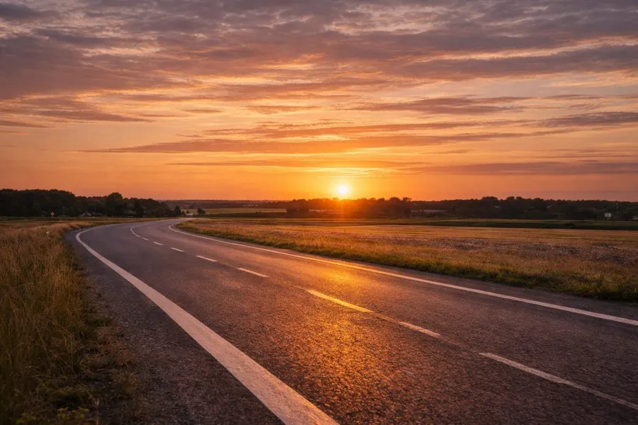 Tuščias kaimo kelias saulėlydžio link