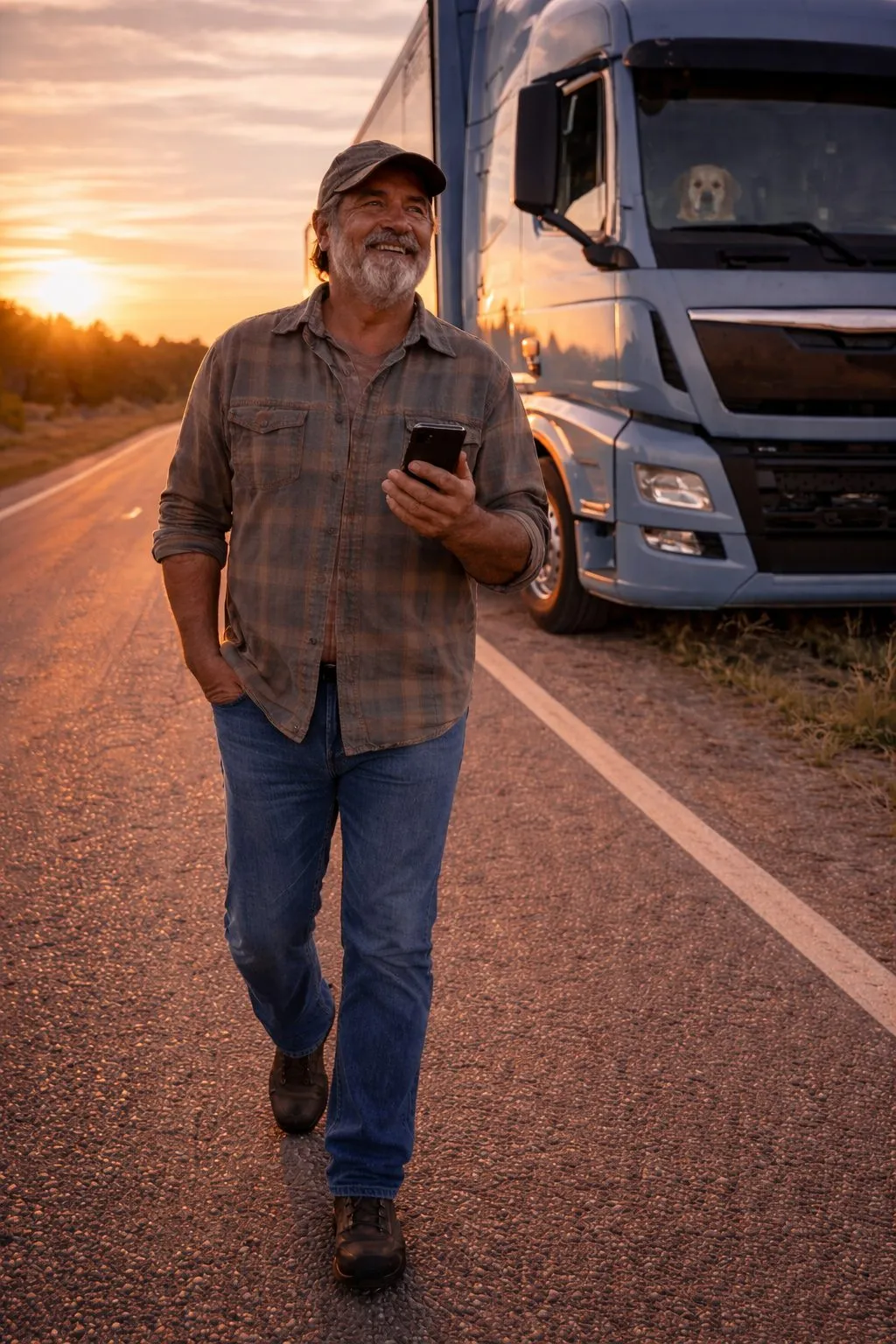 Fahrer mit Handy vor LKW im Sonnenuntergang