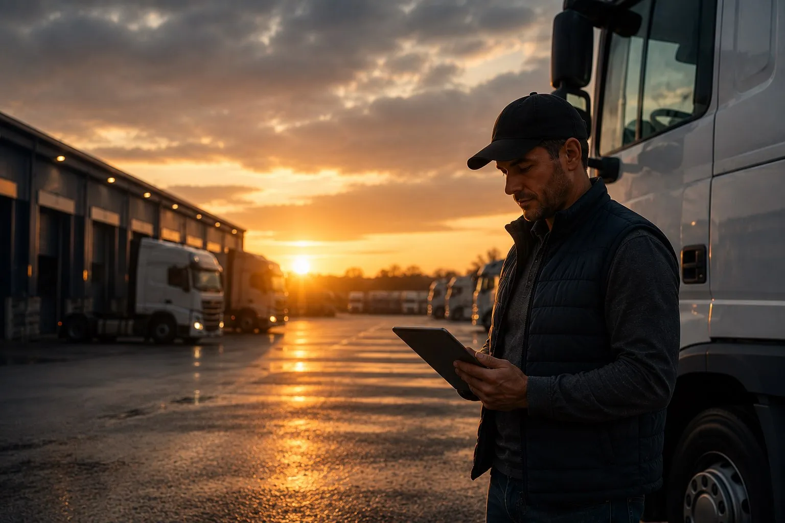 Kuljetusyrittäjä tabletti kädessä kuorma-autojen edessä auringonlaskussa