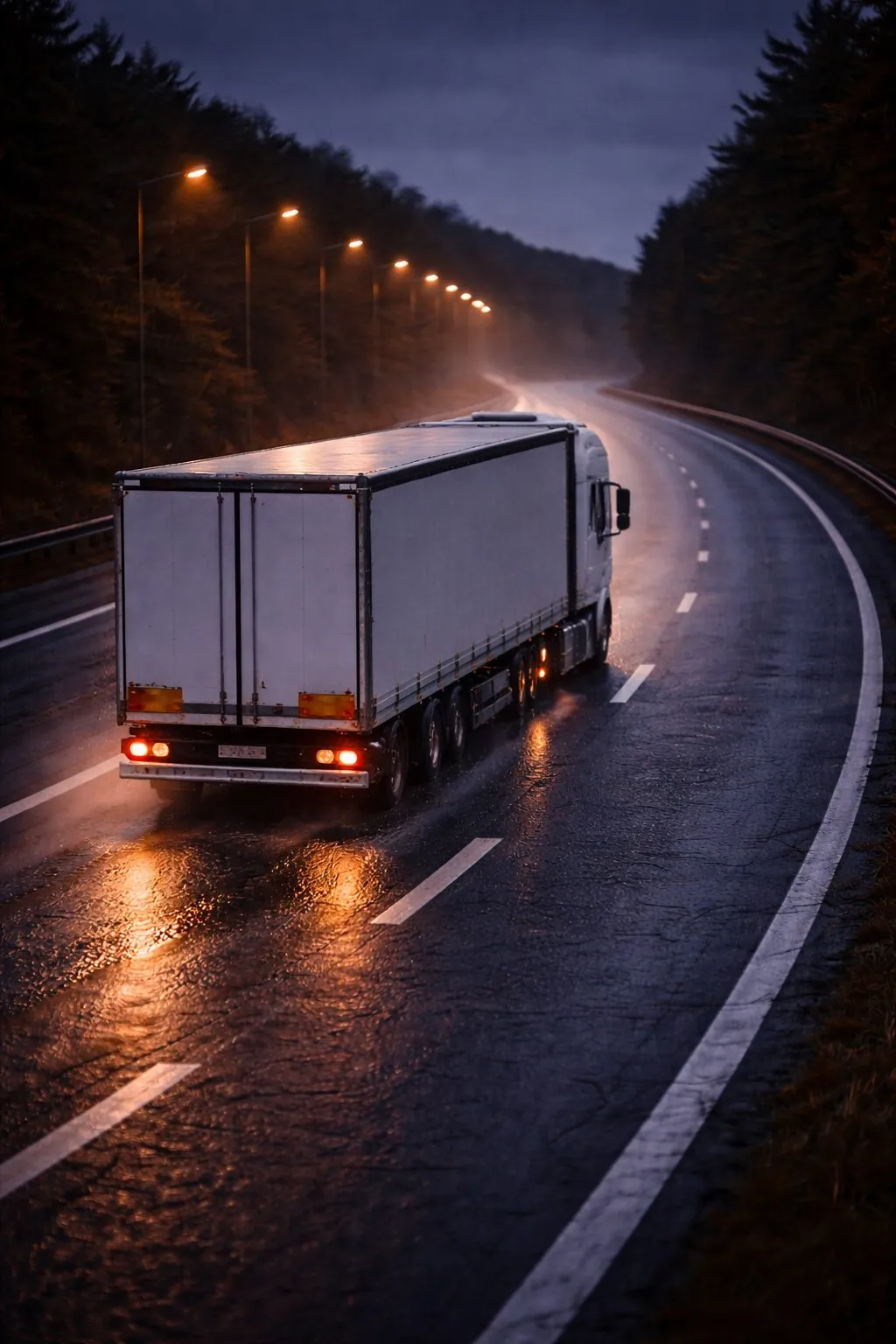 LKW auf nasser Autobahn bei Nacht