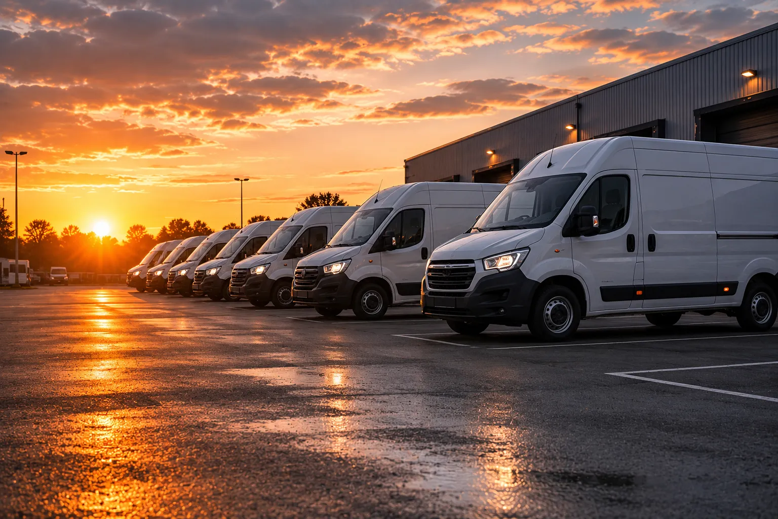 Hvite varebiler parkert ved solnedgang